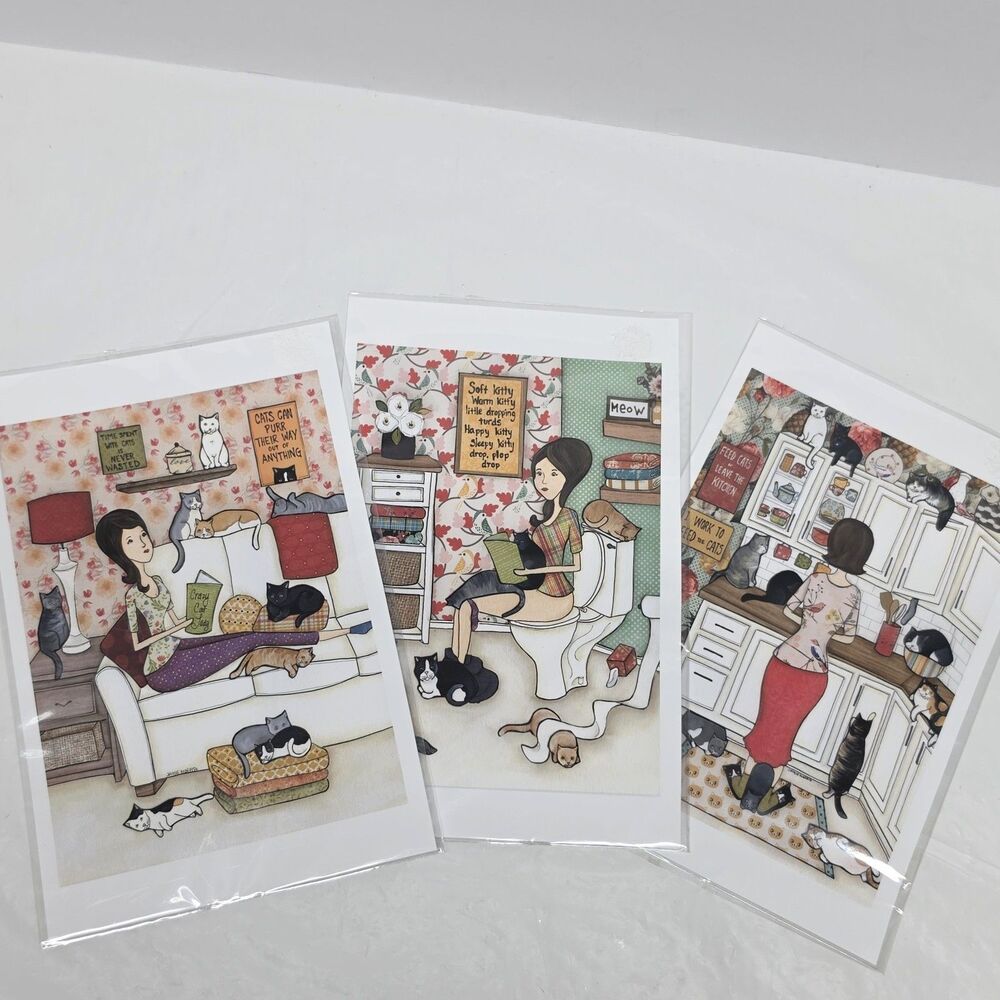 Jamie Morath Crazy Cat Lady Art Prints Set Of 3 Cat Lovers Gift NEW